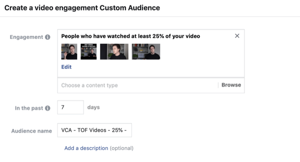 Create the Facebook custom audience of video viewers, step 2.