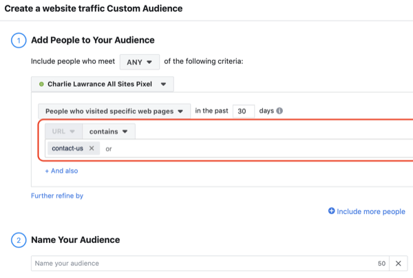 Create Facebook website custom audience, step 1.