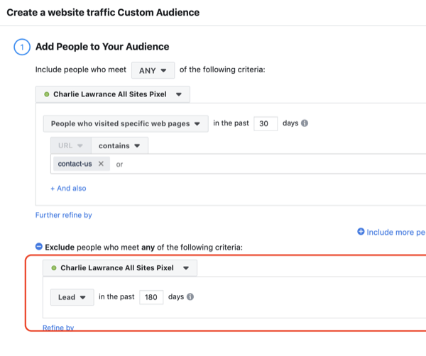 Create Facebook website custom audience, step 2.