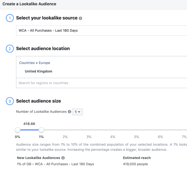 Create the Facebook lookalike audience, step 3.