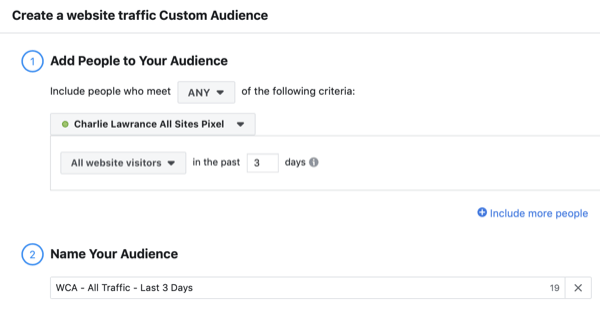 Create the Facebook lookalike audience custom website visitors, step 1.