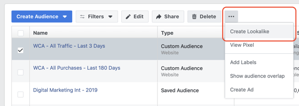 Create the Facebook lookalike audience custom website visitors, step 2.