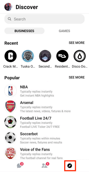 Facebook Messenger Discover tab.