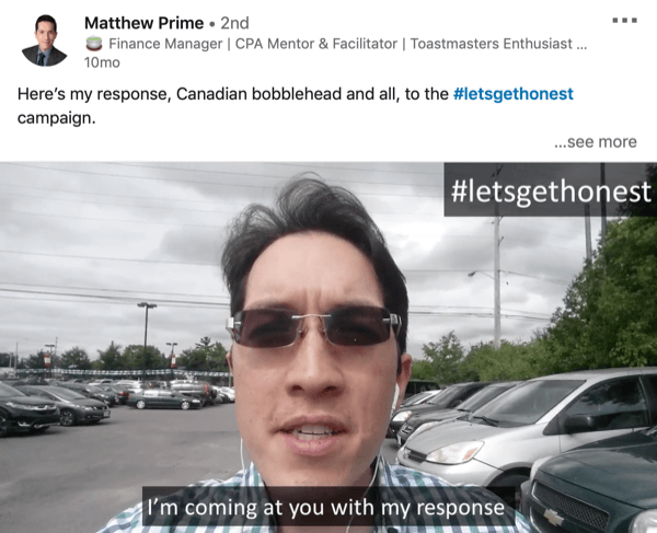 Hashtag example on LinkedIn video post.