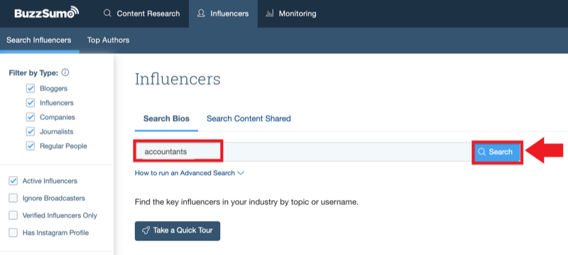 Social media marketing strategy; Screenshot of BuzzSumo's influencer identification tool.