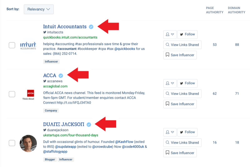 Social media marketing strategy; Screenshot of search results from BuzzSumo's influencer identification tool after entering the keyword 'accounting.'