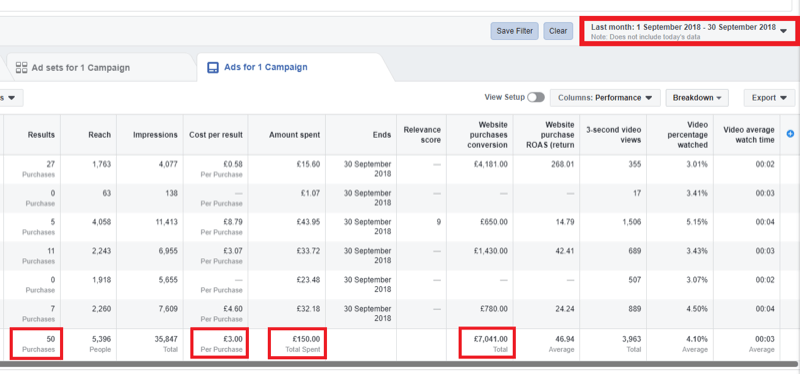 Social media marketing strategy; Screenshot of the analytics within Facebook Ads Manager.