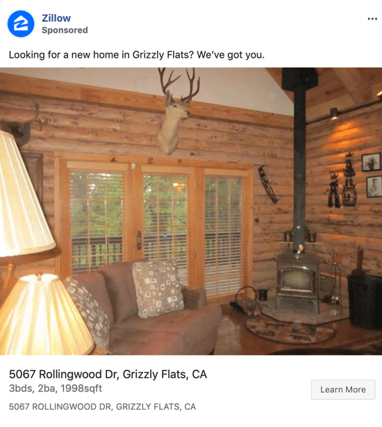 Better Facebook ad copy using location mention, example 1.