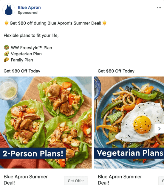 Facebook ad copy using one call to action, example 1.