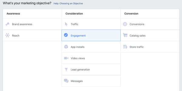 Facebook video ad campaign objectives.