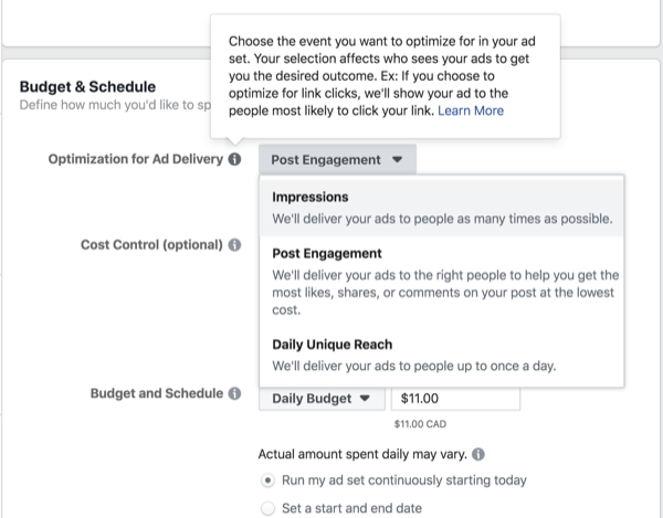 Facebook video ad campaign objectives.