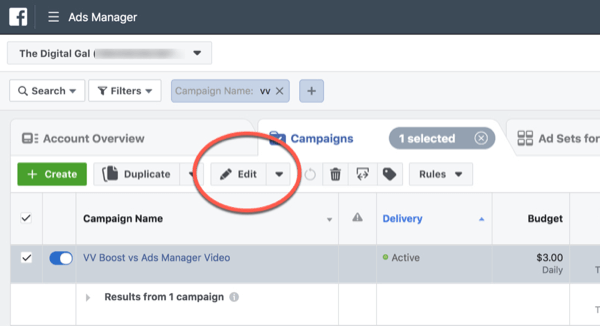 Facebook ThruPlay Optimization for 10-second views campaign edit, step 1.