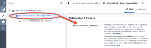 Facebook ThruPlay Optimization for 10-second views campaign edit, step 3.