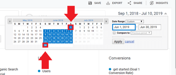 Social media marketing strategy; Screenshot of Google Analytics dates section where you can compare data from different date ranges.