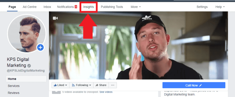 Social media marketing strategy; Screenshot of where to access Facebook Insights on your Facebook page.
