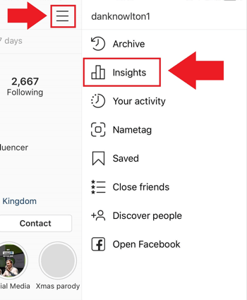 Social media marketing strategy; Screenshot of where to access Instagram Insights on the Instagram app.