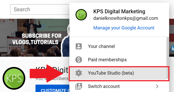 Social media marketing strategy; Screenshot of step 1 to access YouTube Analytics.