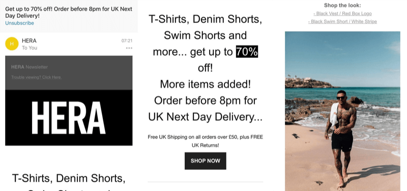 Social media marketing strategy; Screenshot of a great flash sale email marketing campaign from Hera London (fashion brand).