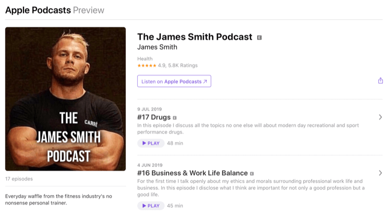 Social media marketing strategy; Screenshot of James Smith's podcast on Apple Podcasts. James is a well-known influencer in the fitness space.