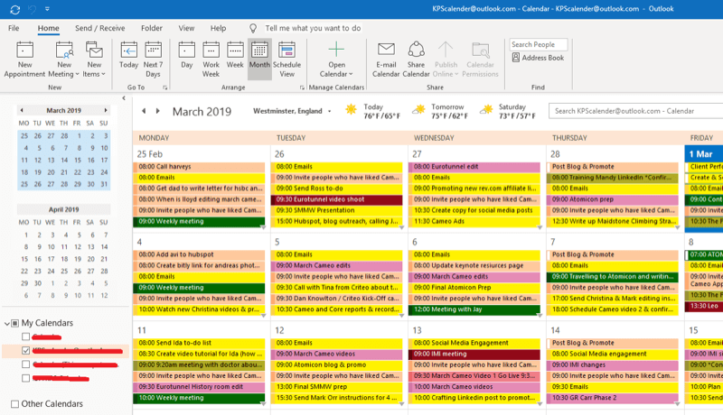 Social media marketing strategy; Screenshot of our outlook calendar to show how we schedule every implementation action to ensure it gets done.