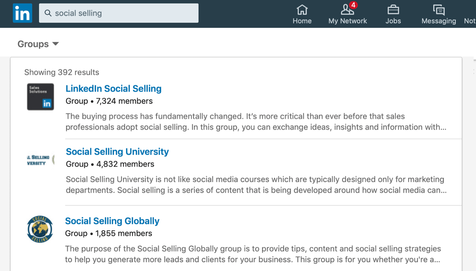 LinkedIn group page panel, showing 3 groups a user could joing relating to social selling