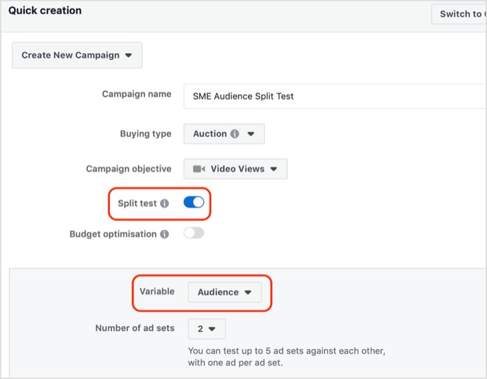 Facebook has a built-in A/B test (split test), that you can use