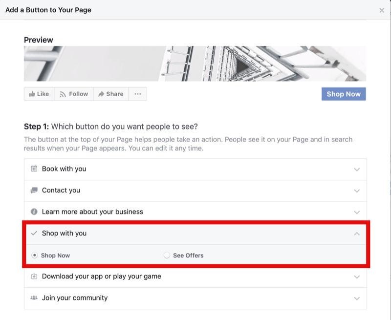 step 1 of how to add Shop Now button to Facebook page for Instagram Shopping