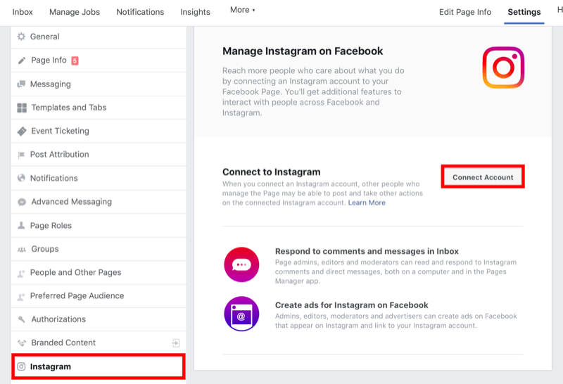 how to connect Facebook page to Instagram business account in Facebook page settings