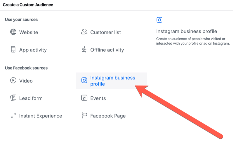 steps to create Instagram business profile engagement custom audience for live event targeting