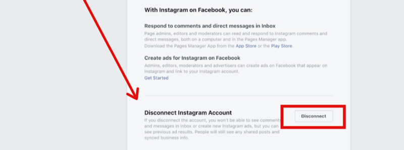 step 2 for disconnecting Instagram account in Facebook page settings