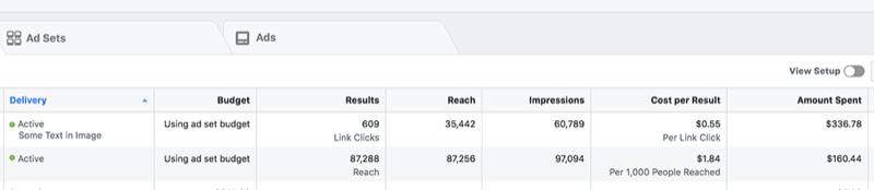 example of Facebook ad results