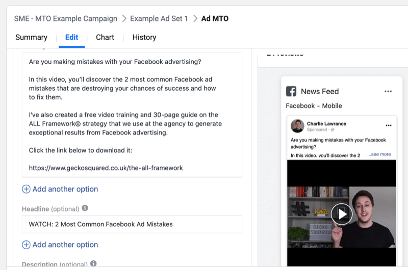 step by step walkthrough for creating a Facebook campaign with multiple text options