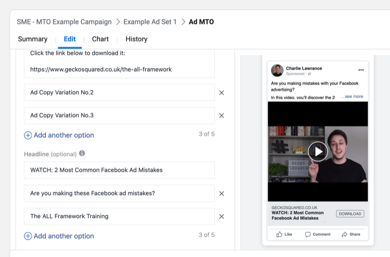 step by step walkthrough for creating a Facebook campaign with multiple text options