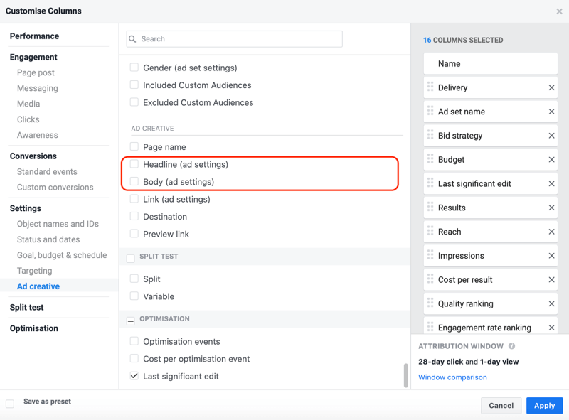 adding customized reporting columns for headline and body in Facebook Ads Manager