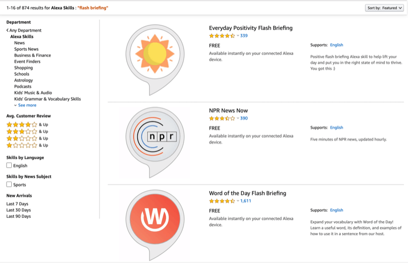 screenshot of flash briefing listings in Alexa Skills store