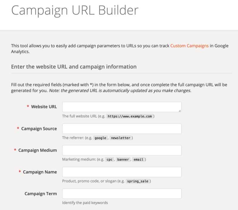 Google Analytics Campaign URL Builder tool setup screen