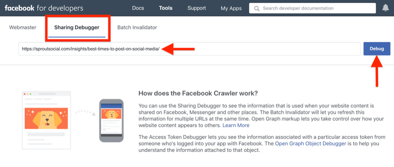 step by step walkthrough for how to clear the cache using the Facebook Sharing Debugger