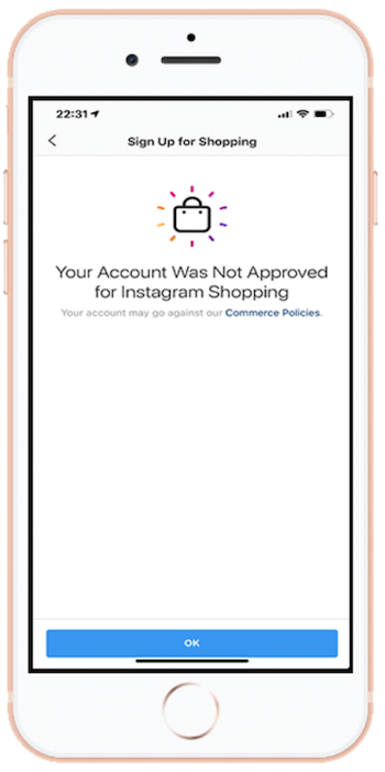 Your Account Was Not Approved for Instagram Shopping message