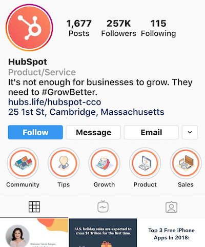 Instagram highlights albums on HubSpot profile