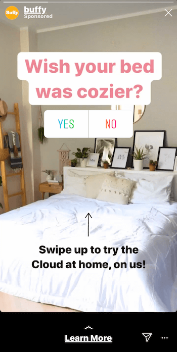 example of Instagram Stories ad with interactive poll and swipe up link