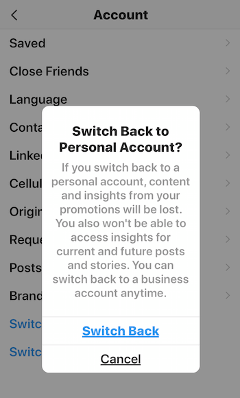 Switch Back to Personal Account? warning message for Instagram