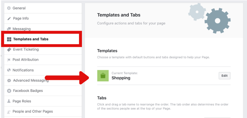 how to change Facebook page to Shopping template in Settings