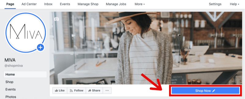 example of Facebook page with Shop Now button