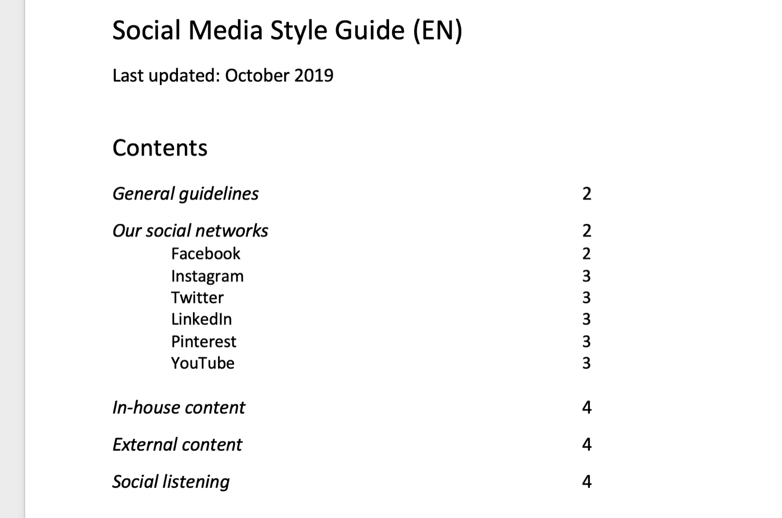 screenshot of social media style guide table of contents