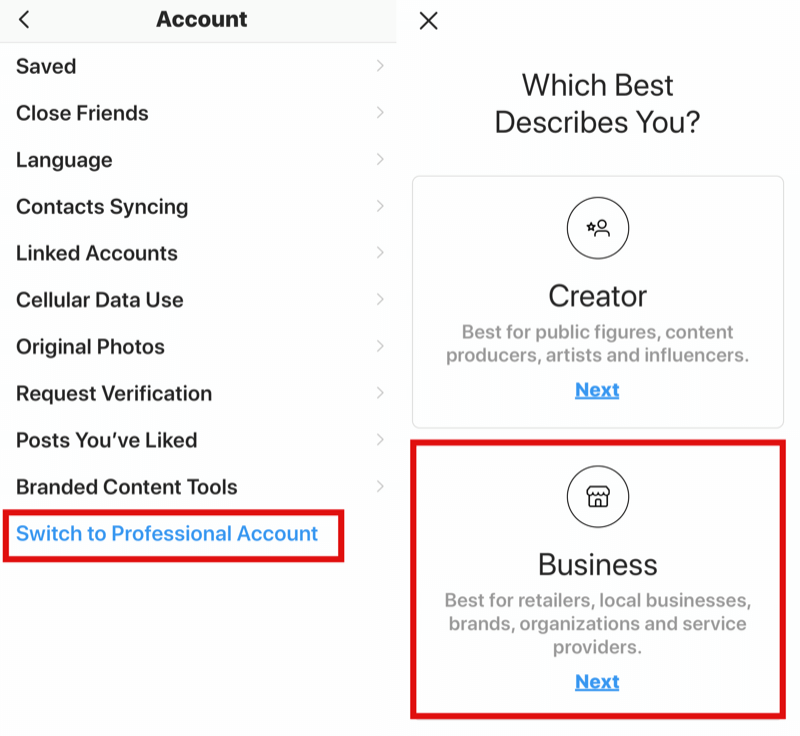 how to switch from Instagram personal profile to business profile