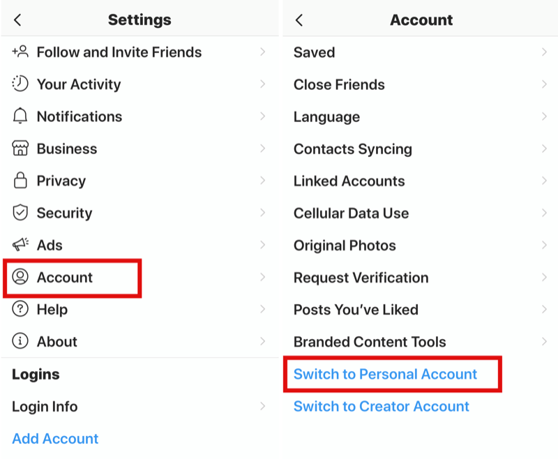 steps for switching from Instagram business profile to personal profile