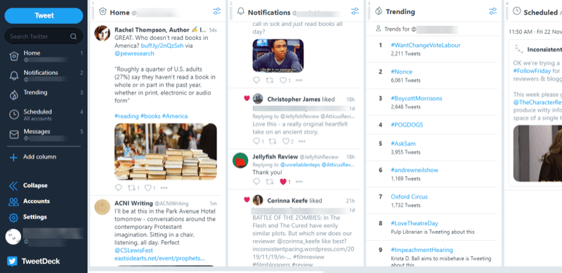 screenshot of TweetDeck showing scheduling and social listening tools