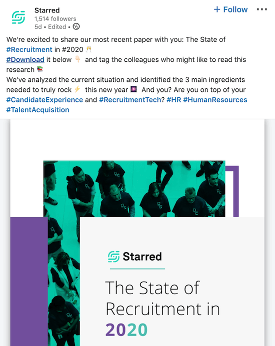 LinkedIn company page post from Starred sharing branded white paper