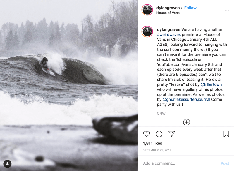 social media promo post from personal account of host of Weird Waves docuseries from Vans