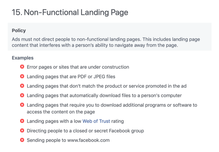 Non-Functional Landing Page section of Facebook Advertising Policies